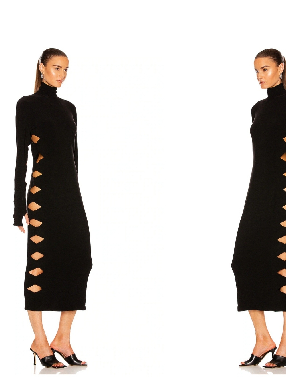 Norma Kamali Black Long-Sleeve Cutout Turtleneck Midi Dress